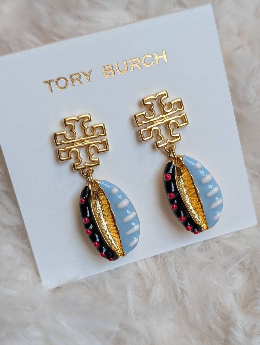 TORY BURCH Britten Gold Double T Logo Blue Enamel Sea Shell Drop Earrings